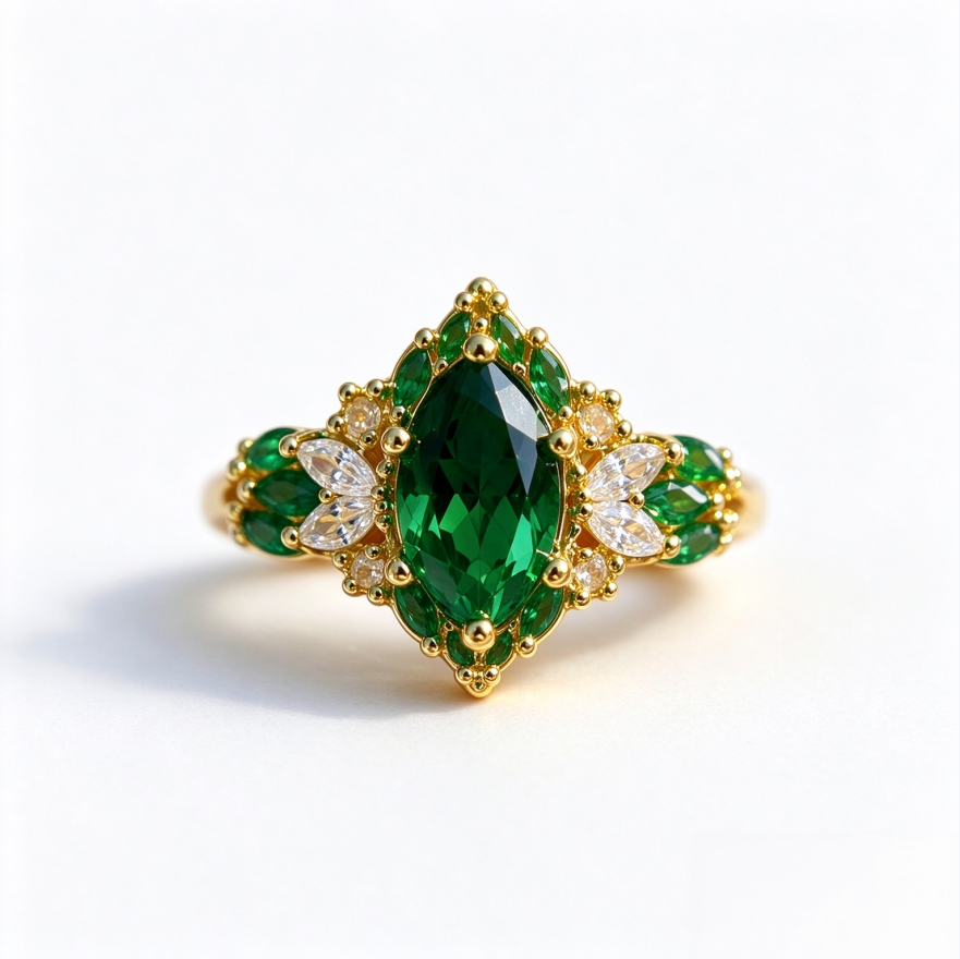Marquise Emerald Halo Diamond Accent Ring Vintage Ornate Cluster Engagement Ring Luxury Botanical Bridal Statement Ring Adjustable Open Band