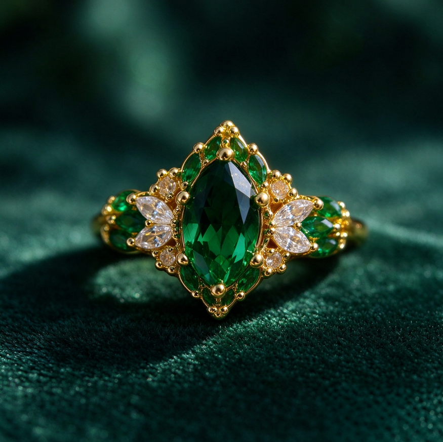 Marquise Emerald Halo Diamond Accent Ring Vintage Ornate Cluster Engagement Ring Luxury Botanical Bridal Statement Ring Adjustable Open Band