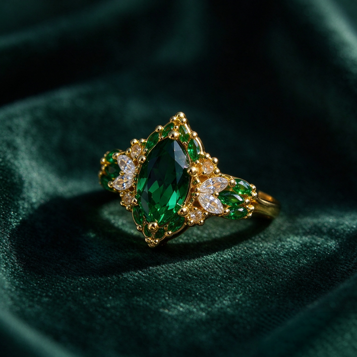 Marquise Emerald Halo Diamond Accent Ring Vintage Ornate Cluster Engagement Ring Luxury Botanical Bridal Statement Ring Adjustable Open Band