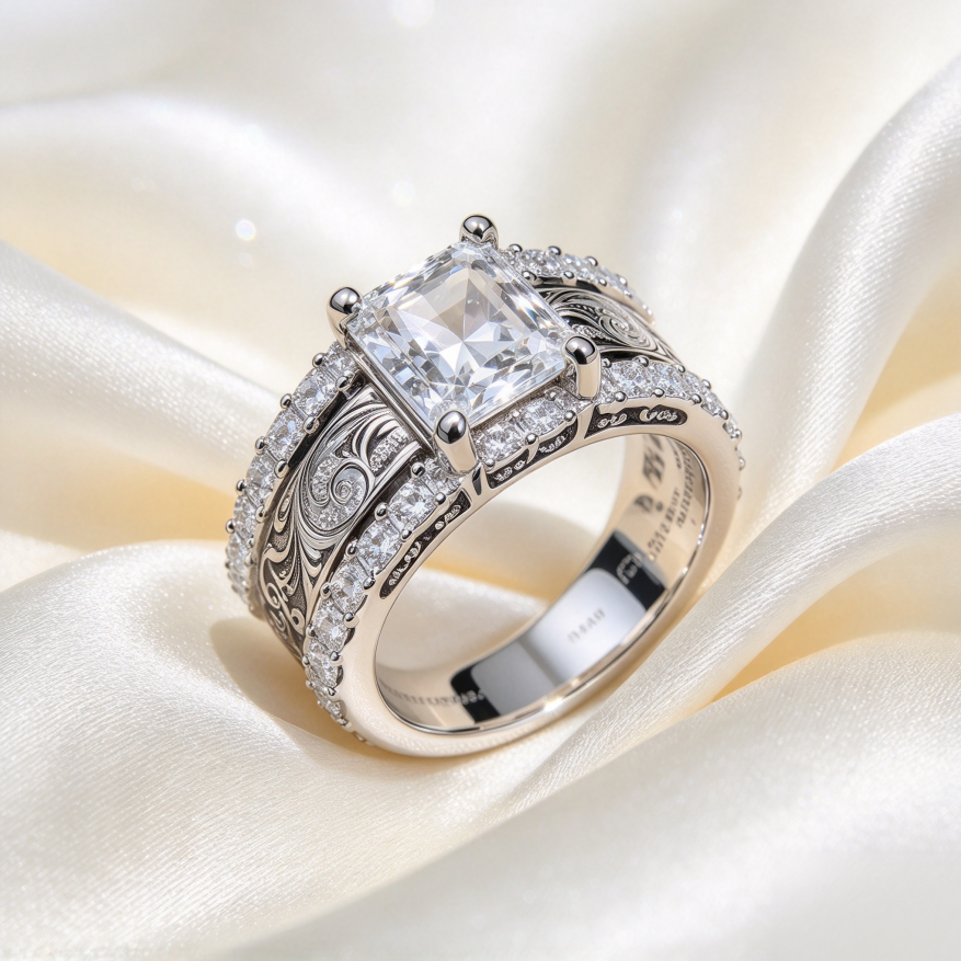Princess Cut Diamond Vintage Engraved Band Bridal Wedding Jewelry Statement Ring