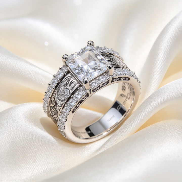 Princess Cut Diamond Vintage Engraved Band Bridal Wedding Jewelry Statement Ring