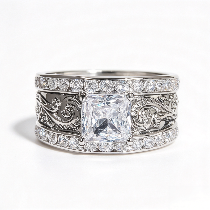 Princess Cut Diamond Vintage Engraved Band Bridal Wedding Jewelry Statement Ring