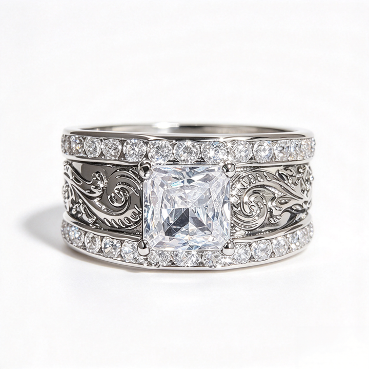 Princess Cut Diamond Vintage Engraved Band Bridal Wedding Jewelry Statement Ring