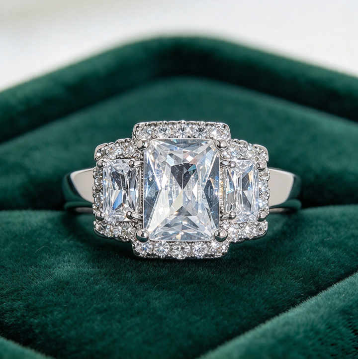 Emerald Cut Diamond Halo Three Stone Engagement Wedding Bridal Jewelry Promise Statement Ring