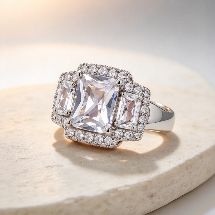 Emerald Cut Diamond Halo Three Stone Engagement Wedding Bridal Jewelry Promise Statement Ring
