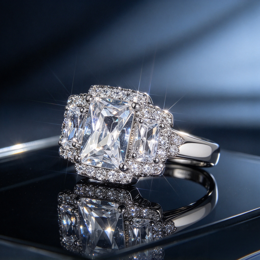 Emerald Cut Diamond Halo Three Stone Engagement Wedding Bridal Jewelry Promise Statement Ring