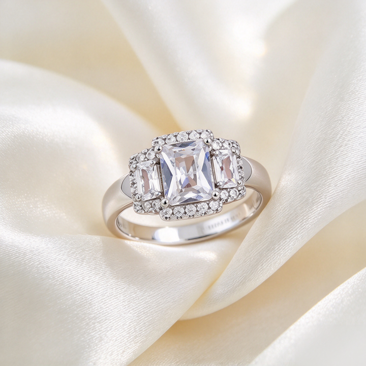 Emerald Cut Diamond Halo Three Stone Engagement Wedding Bridal Jewelry Promise Statement Ring