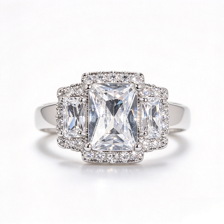 Emerald Cut Diamond Halo Three Stone Engagement Wedding Bridal Jewelry Promise Statement Ring