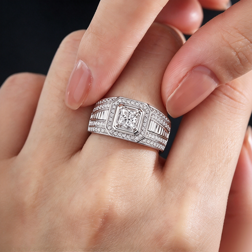 Princess Cut Diamond Wide Band Halo Statement Wedding Bridal Men Jewelry Adjustable Ring