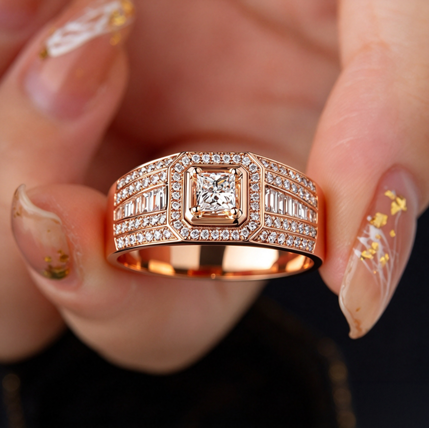 Princess Cut Diamond Wide Band Halo Statement Wedding Bridal Men Jewelry Adjustable Ring