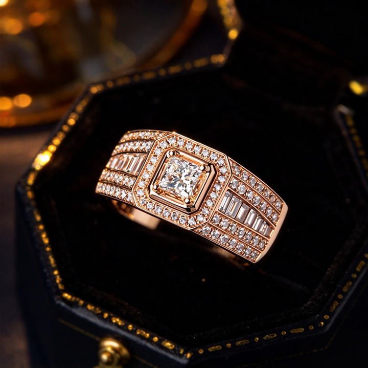 Princess Cut Diamond Wide Band Halo Statement Wedding Bridal Men Jewelry Adjustable Ring