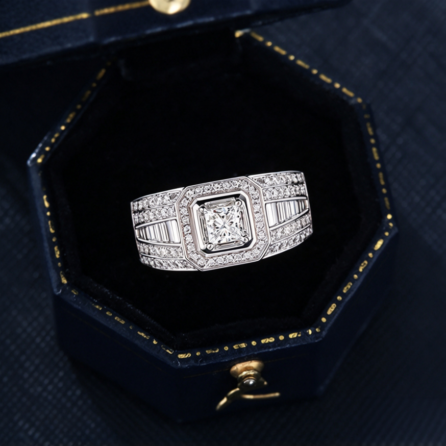 Princess Cut Diamond Wide Band Halo Statement Wedding Bridal Men Jewelry Adjustable Ring
