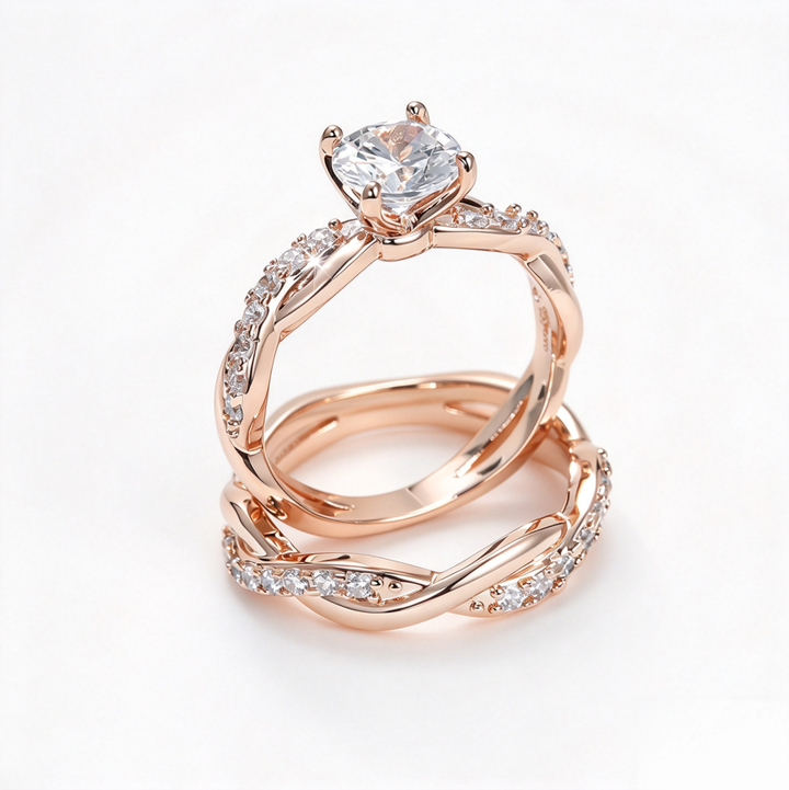 Twisted Infinity Band Round Diamond Couple Ring Set Engagement Wedding Promise Bridal Stackable Statement Jewelry