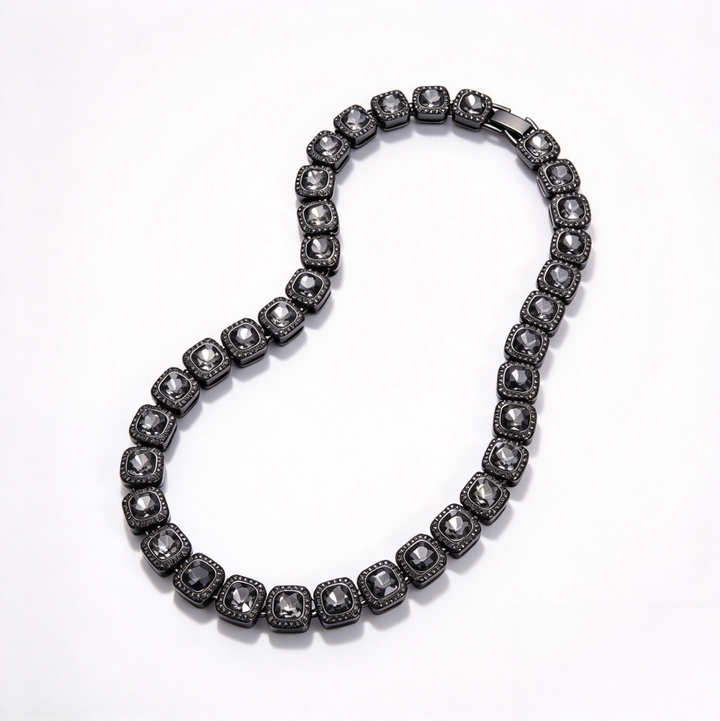Black Cushion Cut Diamond Tennis Chain Hip Hop Statement Necklace Bracelet Set Iced Out Square Diamond Choker Trendy Streetwear Jewelry For Men