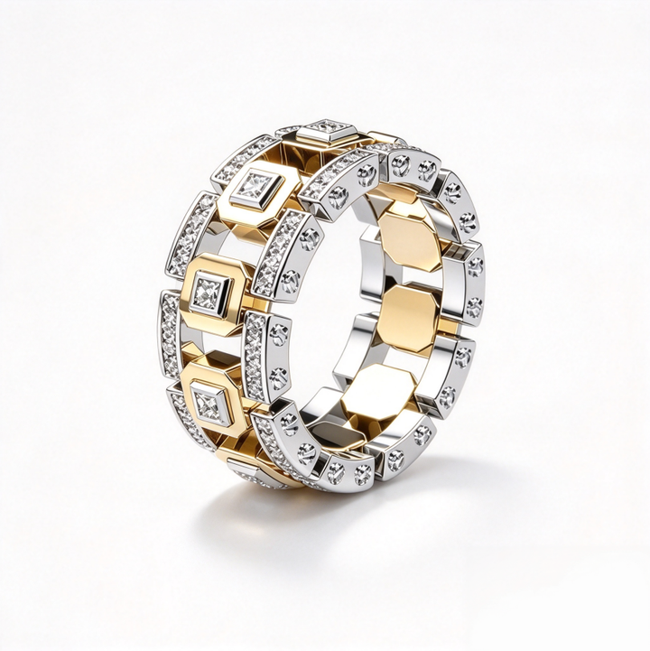 Two Tone Square Diamond Link Band Ring Iced Out Statement Stackable Ring Luxury Geometric Chain Design Fashion Jewelry For Men
