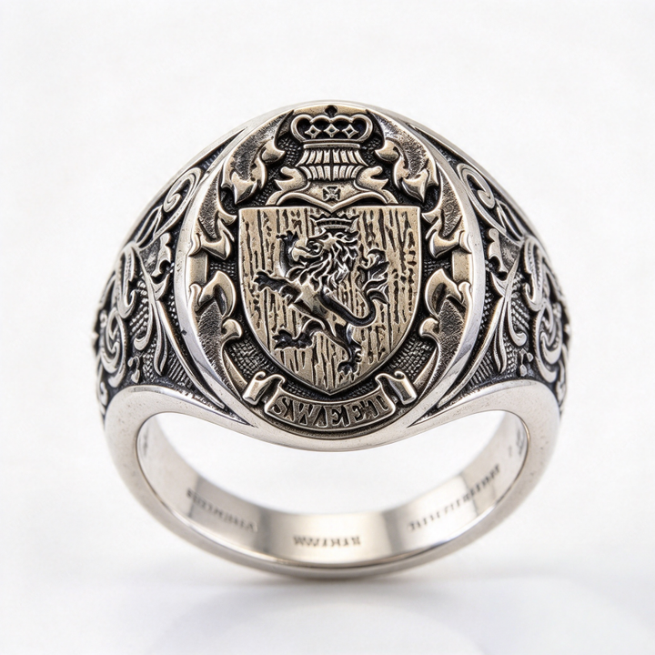Heraldic Lion Crest Signet Ring Vintage Scroll Engraved Band Antique Royal Statement Ring For Men