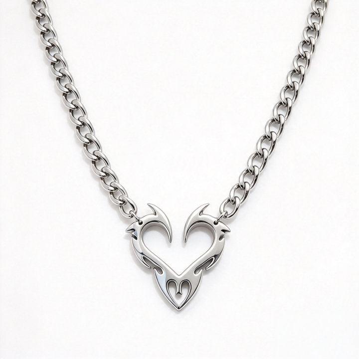 Gothic Flame Hollow Heart Pendant Necklace Punk Edgy Chunky Curb Chain Statement Necklace Unisex Streetwear Jewelry