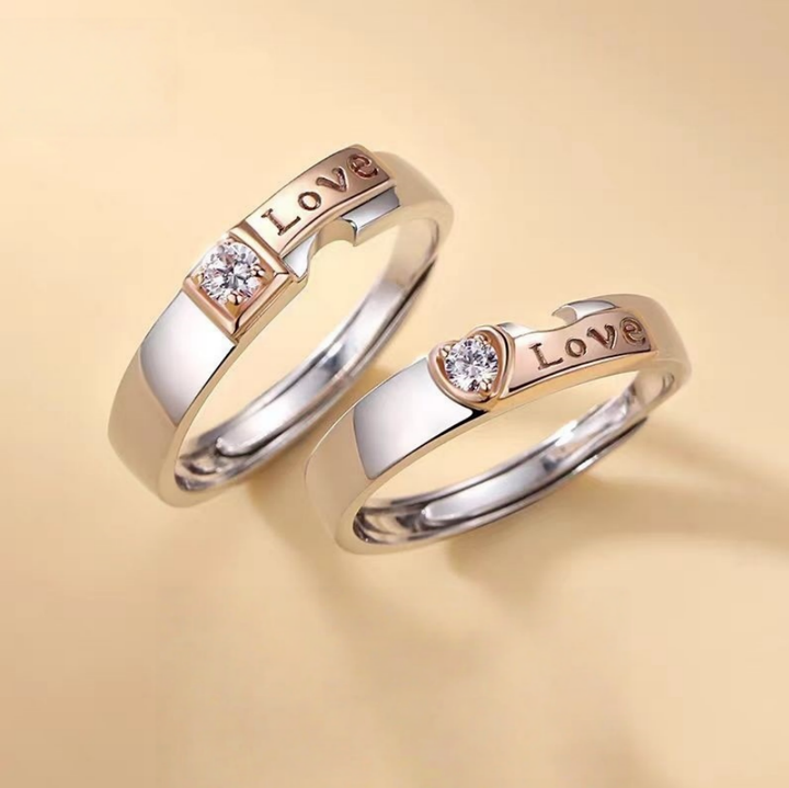 Love Engraved Heart Matching Couple Ring Promise Band Adjustable Stackable Wedding Engagement Statement Ring