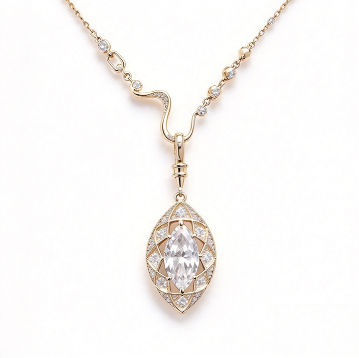 Vintage Marquise Cut Diamond Pendant Necklace Hollow Filigree Wavy Chain Statement Necklace For Women