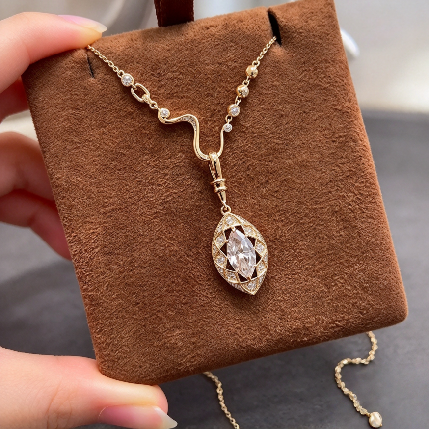 Vintage Marquise Cut Diamond Pendant Necklace Hollow Filigree Wavy Chain Statement Necklace For Women