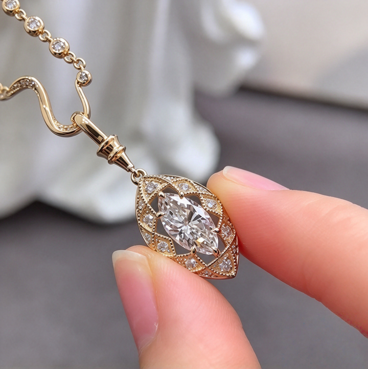 Vintage Marquise Cut Diamond Pendant Necklace Hollow Filigree Wavy Chain Statement Necklace For Women