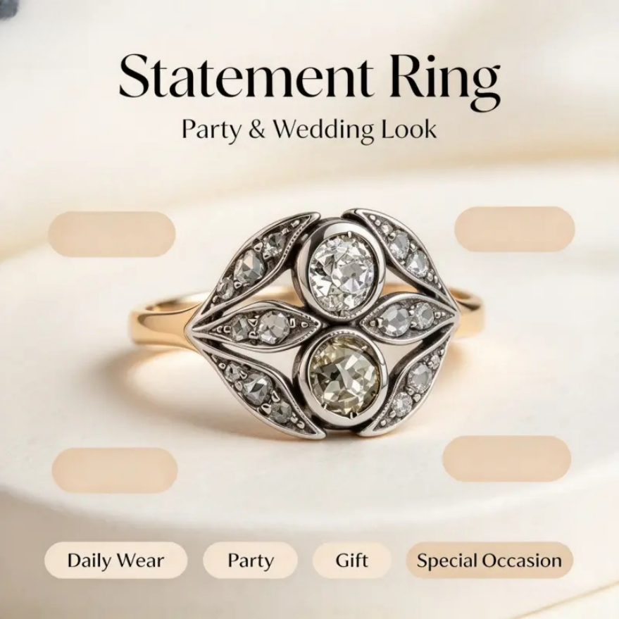Vintage Art Deco Two Tone Statement Ring Leaf Shape Cluster Cocktail Ring For Wedding Party Gift