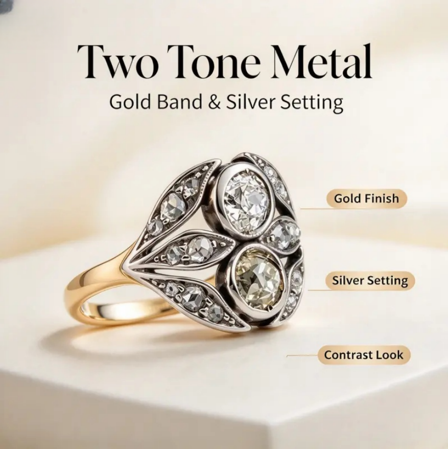 Vintage Art Deco Two Tone Statement Ring Leaf Shape Cluster Cocktail Ring For Wedding Party Gift