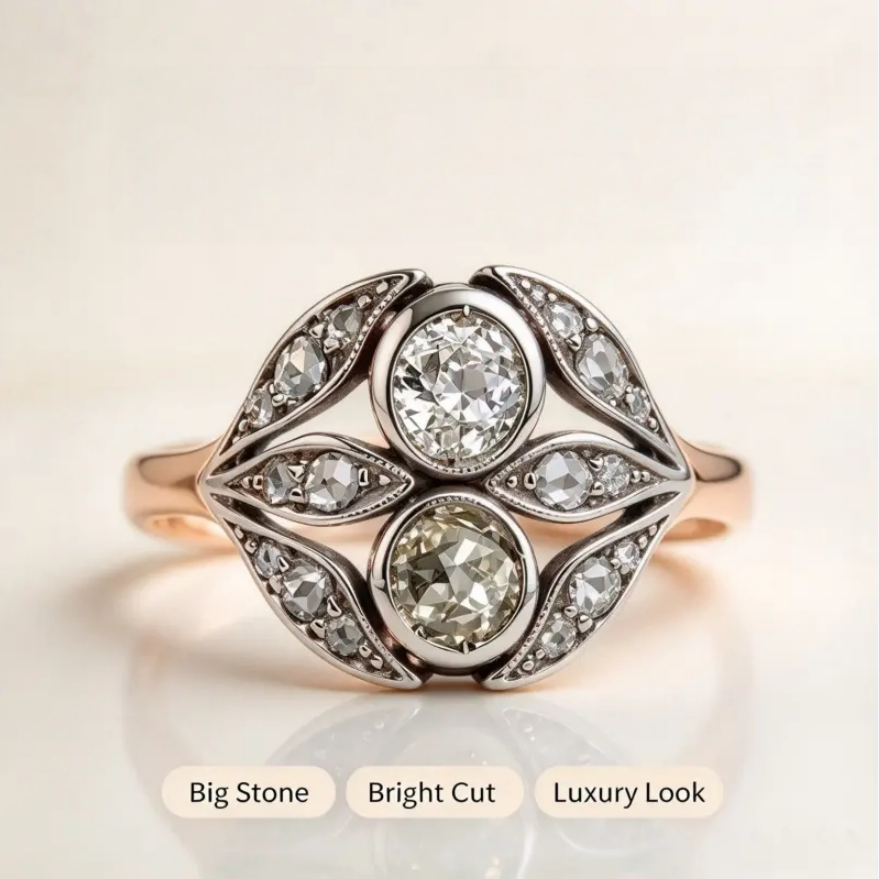 Vintage Art Deco Two Tone Statement Ring Leaf Shape Cluster Cocktail Ring For Wedding Party Gift