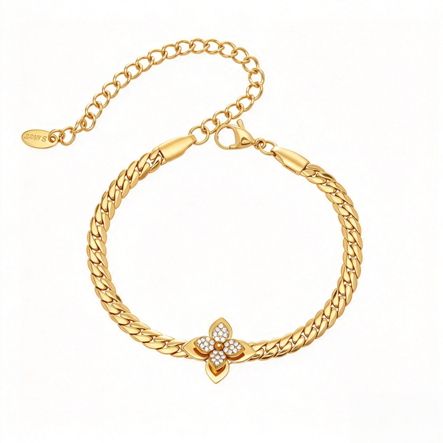 Four Leaf Clover Cuban Link Necklace Bracelet Set Dainty Inlaid Diamond Stackable Jewelry Timeless Elegant Statement Gift For Women