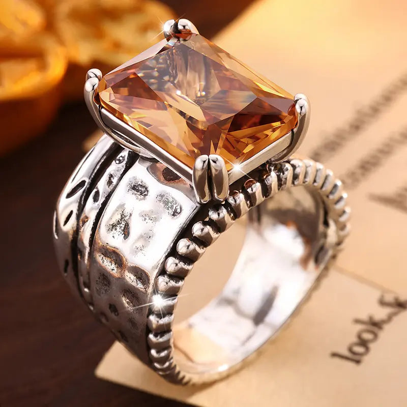 Vintage Hammered Stackable Statement Ring Square Gemstone Retro Jewelry For Men Women