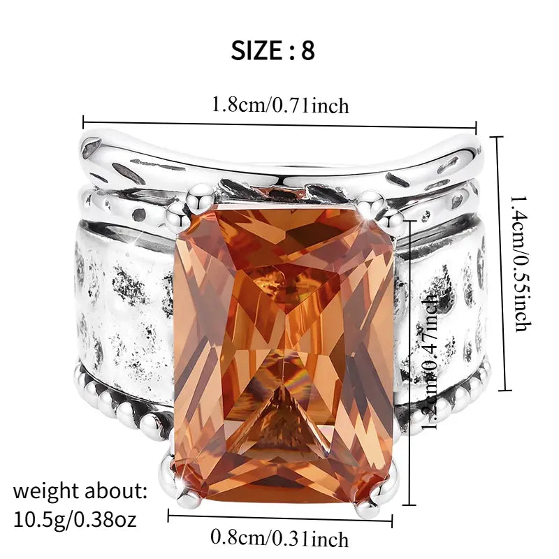 Vintage Hammered Stackable Statement Ring Square Gemstone Retro Jewelry For Men Women
