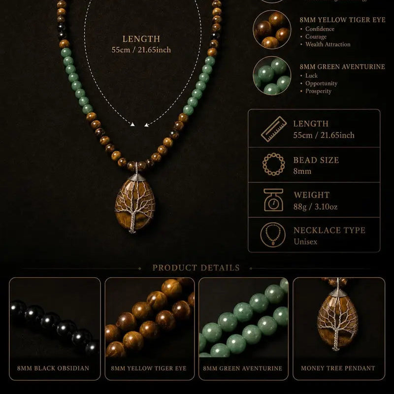 Tree Of Life Natural Gemstone Beaded Necklace Unisex Wealth Prosperity Statement Jewelry