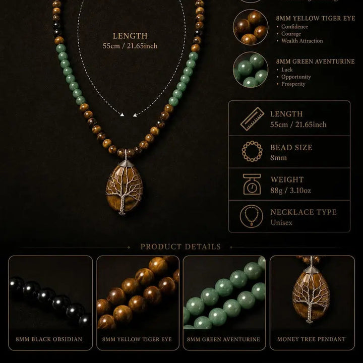 Tree Of Life Natural Gemstone Beaded Necklace Unisex Wealth Prosperity Statement Jewelry