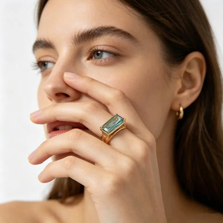 Rectangular Aquamarine Tone Gemstone Ring Four Prong Setting Solid Silver 18K Gold Finish Statement Ring For Women