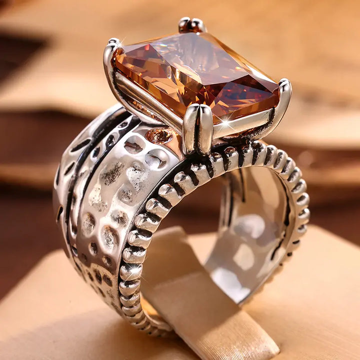 Vintage Hammered Stackable Statement Ring Square Gemstone Retro Jewelry For Men Women