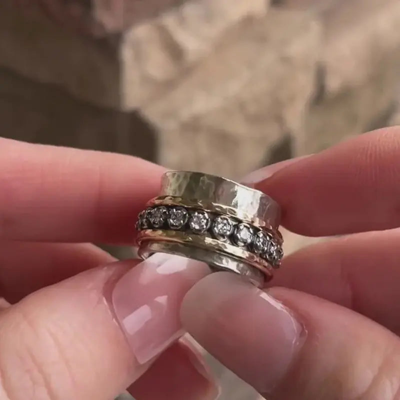 Two Tone Hammered Stacked Band Ring Handcrafted Layered Statement Jewelry For Women