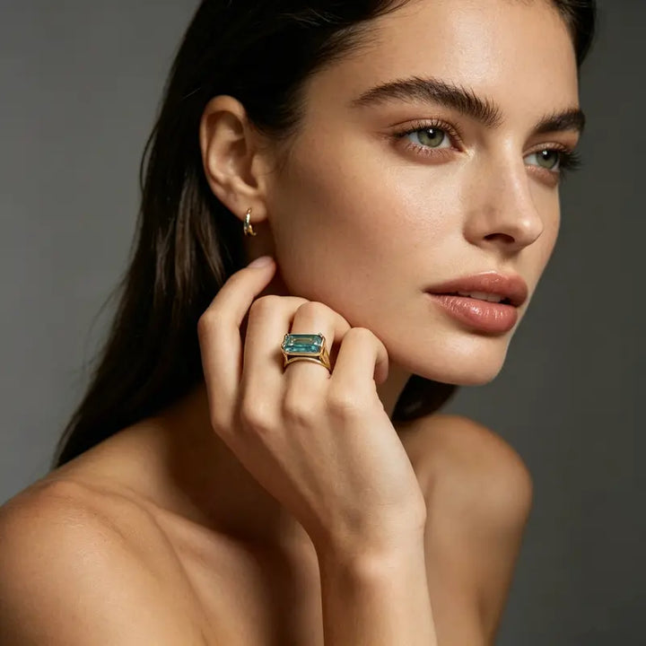 Rectangular Aquamarine Tone Gemstone Ring Four Prong Setting Solid Silver 18K Gold Finish Statement Ring For Women