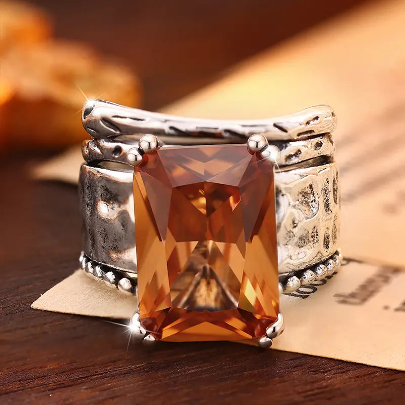Vintage Hammered Stackable Statement Ring Square Gemstone Retro Jewelry For Men Women