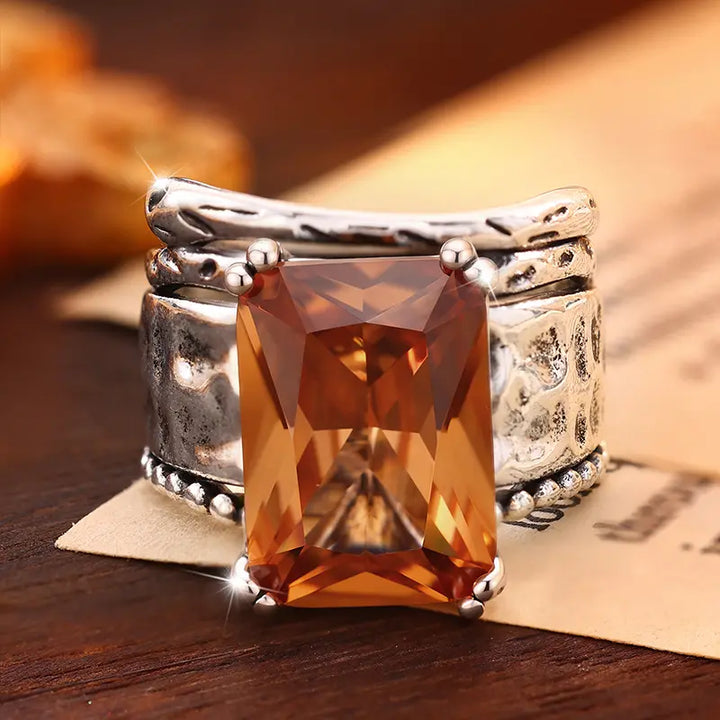 Vintage Hammered Stackable Statement Ring Square Gemstone Retro Jewelry For Men Women