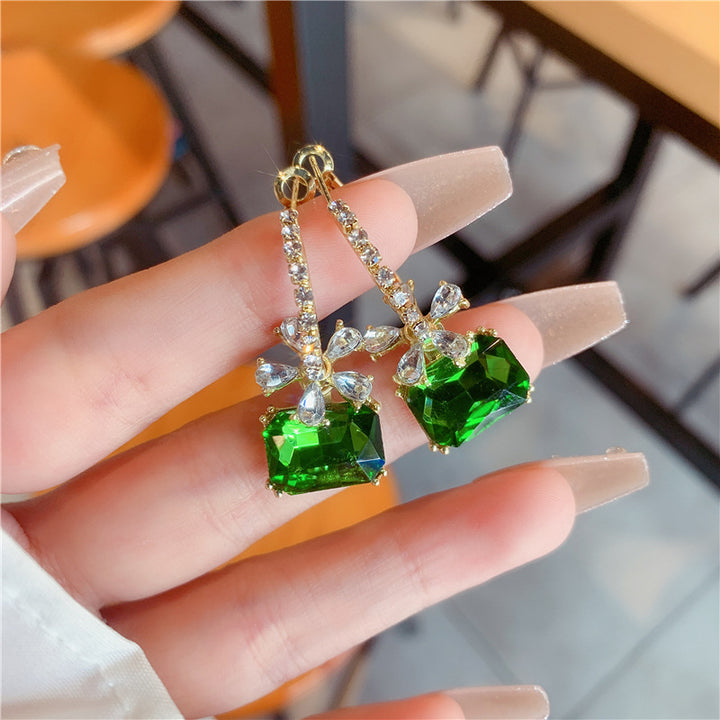 S925 Sterling Silver Rectangle Gemstone Floral Diamond Drop Earrings