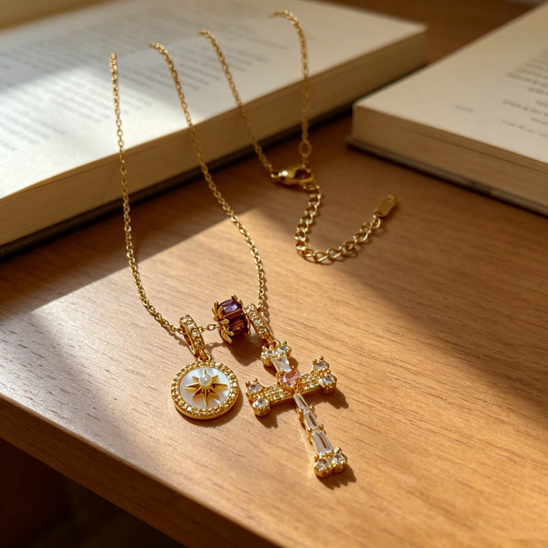 Mother-of-Pearl Compass Pendant Layered Statement Necklace
