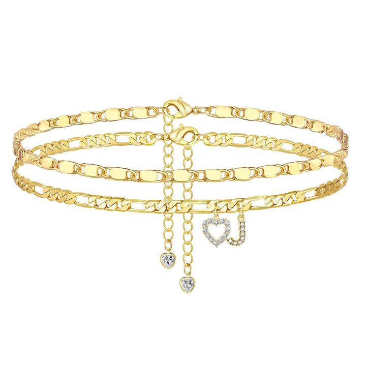 Layered Initial Heart Bracelet & Anklet Set 26 Letters Customizable Beach Jewelry for Women
