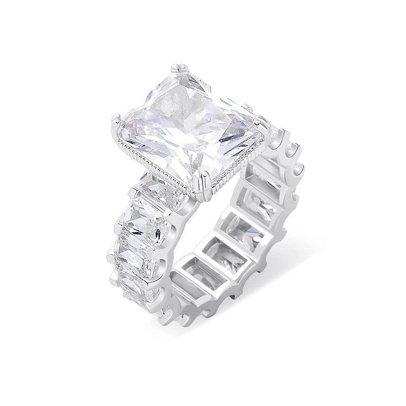 Emerald Cut Statement Diamond Ring S925 Sterling Silver Eternity Band Ring