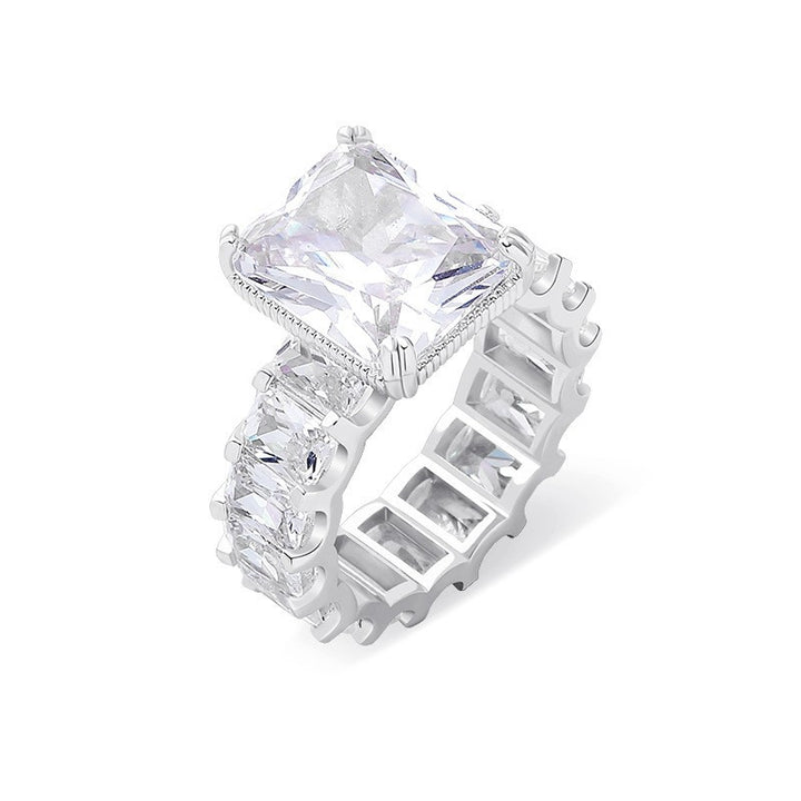 Emerald Cut Statement Diamond Ring S925 Sterling Silver Eternity Band Ring