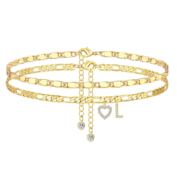 Layered Initial Heart Bracelet & Anklet Set 26 Letters Customizable Beach Jewelry for Women