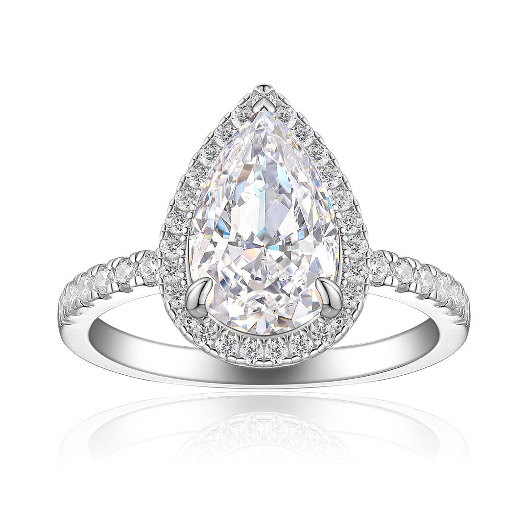 Pear Cut Halo Diamond Ring with 925 Sterling Silver