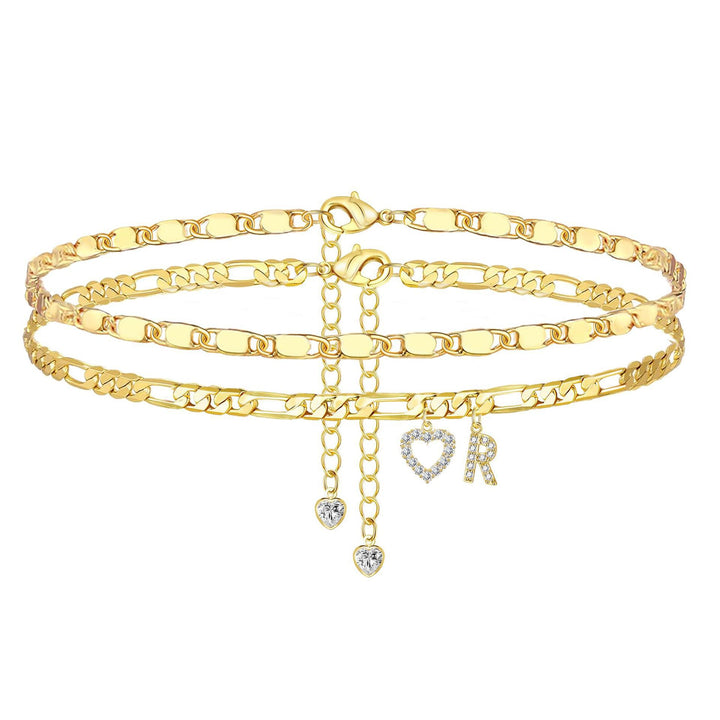 Layered Initial Heart Bracelet & Anklet Set 26 Letters Customizable Beach Jewelry for Women