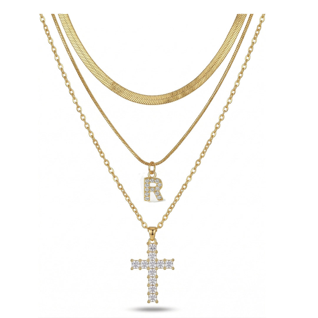 S925 Silver Layered Initial & Cross Pendant Necklace Set 26 Letters Diamond Snake Chain Necklace for Women