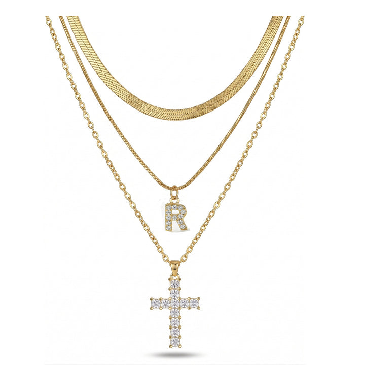 S925 Silver Layered Initial & Cross Pendant Necklace Set 26 Letters Diamond Snake Chain Necklace for Women
