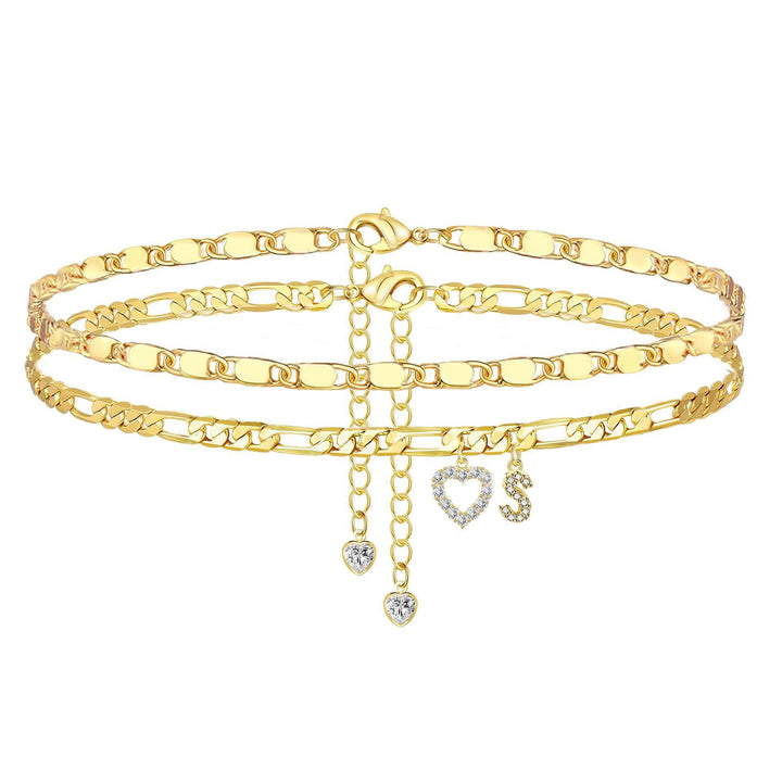 Layered Initial Heart Bracelet & Anklet Set 26 Letters Customizable Beach Jewelry for Women